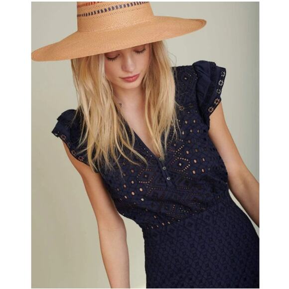 Veronica Beard Satori Eyelet Maxi Dress Navy Blue 6 Boho Coastal - Picture 2 of 13